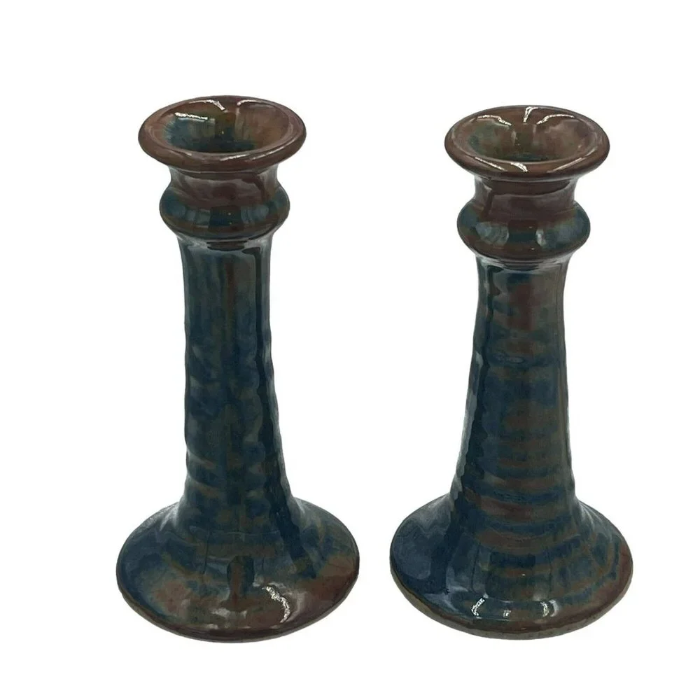 Studio Pottery Pair Of Candlestick Holder Drip Glaze Blue Brown Artist Signed 6”